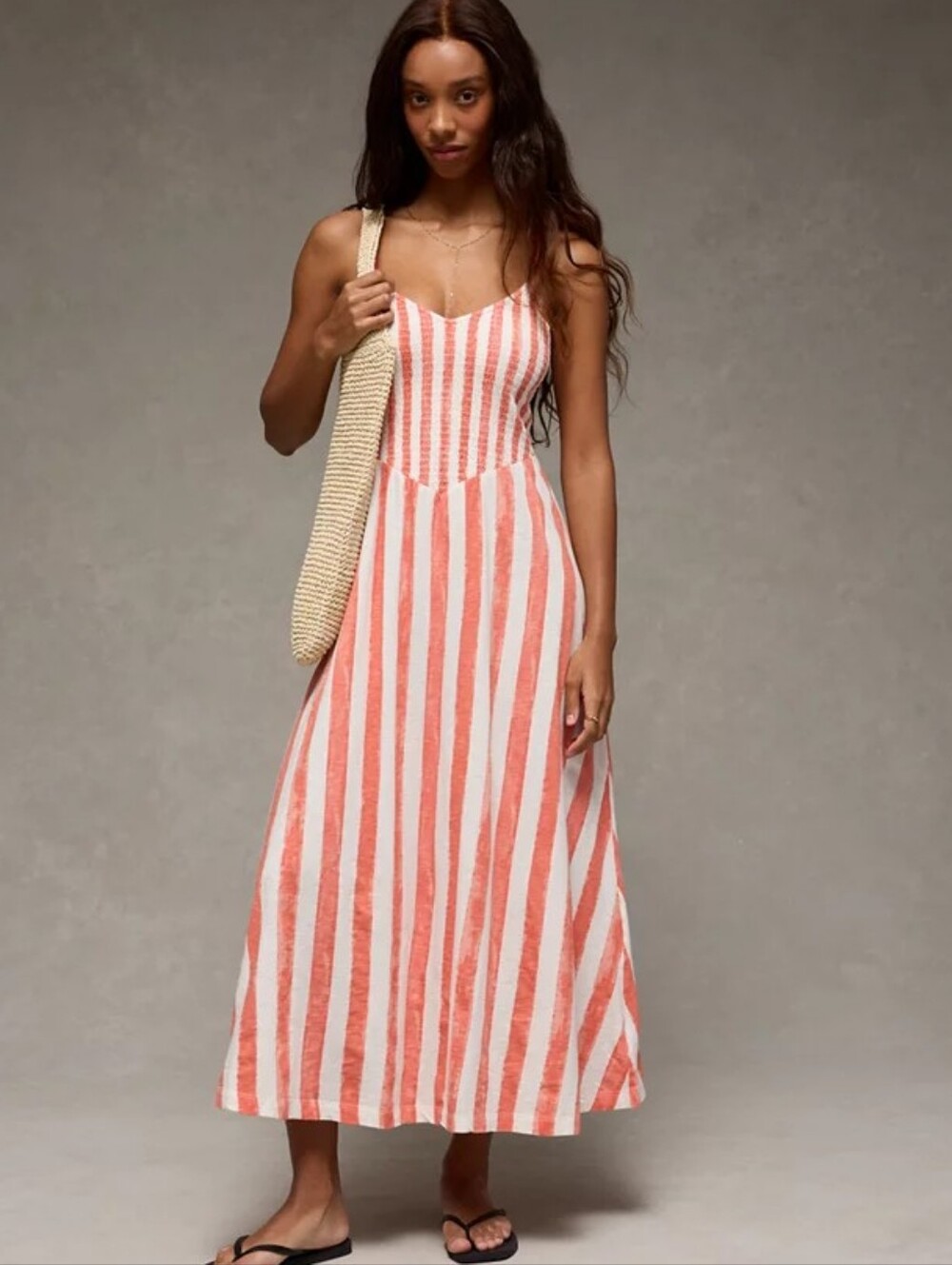 NWT AE Sunchaser Coral Smocked Maxi Dress Criss Cross Back Stretchy Size Small
